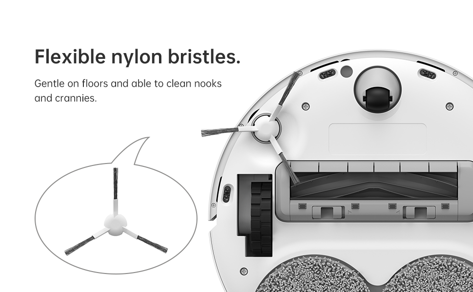 Flexible nylon side brushes for Dreame L20 Ultra enhance cleaning in tight spaces.