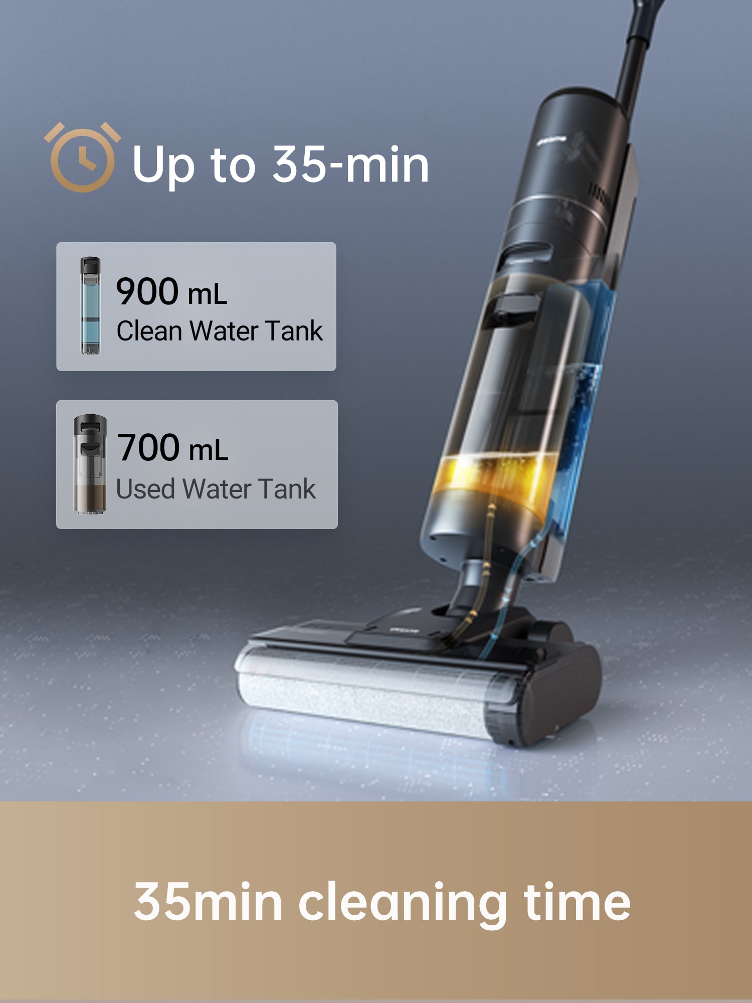 Dreame H12s vacuum showing water tank capacity and cleaning time of 35 minutes