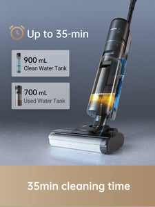 Dreame H12s vacuum showing water tank capacity and cleaning time of 35 minutes