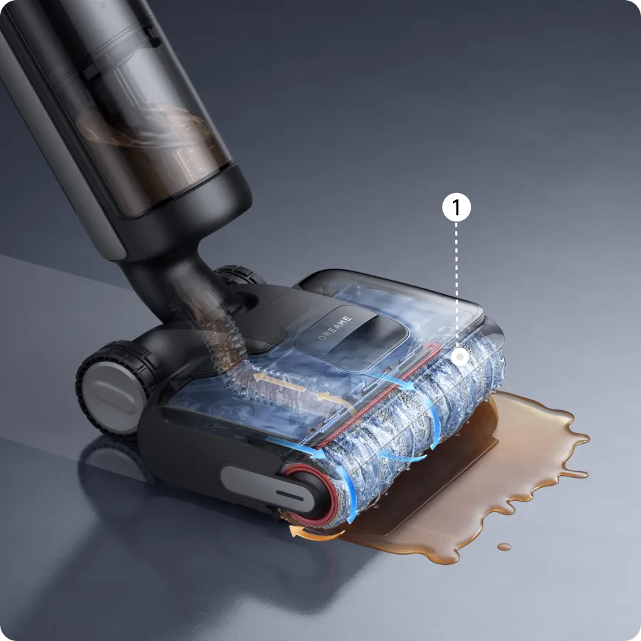 1. Fresh water
rinses the brush continuously.
