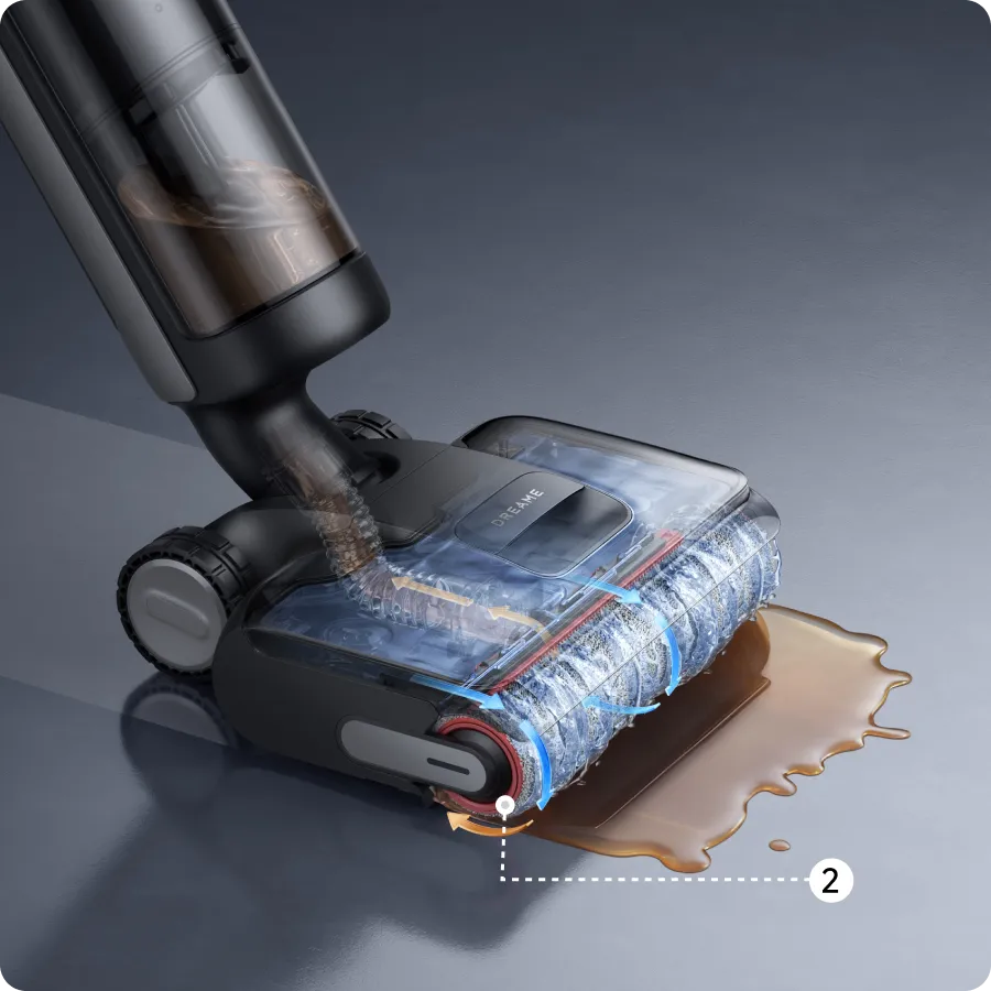 2. 480RPM brush*
mops the floor at high frequency.